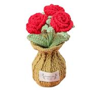 UniqKaliber Handmade Crochet Flower Bouquet in Vase, Knitted Roses Potted Crochet Red Roses Hand-Woven Flowers for Home Office Table Centerpiece Birthday Gifts