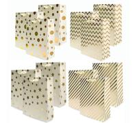 UNIQOOO 12Pcs Assorted Gold Foil Metallic Gift Bags Bulk Ribbon Handle, for Christmas Easter Wedding Birthday Party Favor Paper Bag, Large