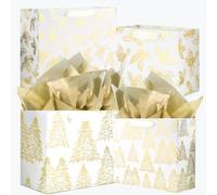 UNIQOOO 12PCS Assorted Metallic Gold Bags, Size L 12.5'' M 9'', Gilded Xmas Tree Gift Wrap Bags, Golden Mistletoe Paper Favor Bag Gift Packaging For Thanksgiving Holiday New Year Party