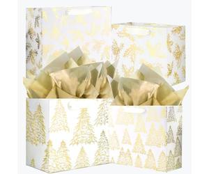 UNIQOOO 12PCS Assorted Metallic Gold Bags, Size L 12.5'' M 9'', Gilded Xmas Tree Gift Wrap Bags, Golden Mistletoe Paper Favor Bag Gift Packaging For Thanksgiving Holiday New Year Party