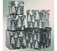 UNIQOOO 5Pcs Green Christmas Gift Box Set with Lid, Assorted Size, Square Silver Xmas Tree Nested Paper Keepsake Boxes, Card Box Tower Organizer Decor, Holiday, Thanksgiving, Party Gift Wrap Packaging