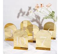 UNIQOOO Gold Mirror Arch Wedding Table Numbers with Stands 1-15, 5x7 Acrylic Display Signs and Holders, Pack of 15, Perfect for Centerpiece, Reception, Decoration, Party, Anniversary, Event
