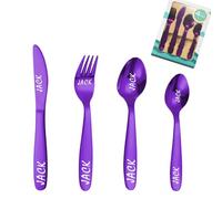Uniqora Personalized Cutlery Set for Kids Custom Cutlery 4pcs Engraved Knife Fork Spoon Stainless Steel Cutlery Set Christening Christmas Gifts for Boy Kids Girls Cutlery Gifts (Purple)