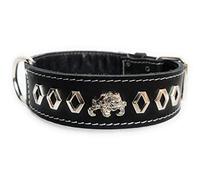 Unique 1.5" Wide Leather Dog Collar with Decorative Design and English/British Bulldog Badge (Large: 20" - 24", Black)