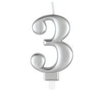 Unique 19593 - Number 3 Birthday Candle - 8 cm - Metallic Silver Colour - 1 Count (Pack of 1)