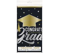 Unique 24873 Plastic Tablecloth-2.13 m x 1.37 m-Stars & Caps Graduation Party, Multicolour