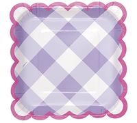 Unique 25534 Square Paper Plates-18 cm-Pastel Gingham Party-8 Count (Pack of 1), Multicolour