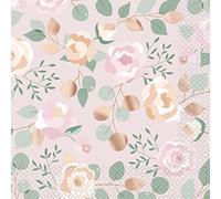 Unique 28712 Foil Stamped Paper Napkins-16.5 cm-Pink Blooms Floral Party-16 Count (Pack of 1), Multicolour