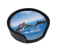 Unique 3d Animal Dolphin Coasters For Drinks, 6 Pcs Leather Coaster With Holder, Round Cup Mat Pad Set For Home And Kitchen 3.9 Inches