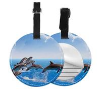 Unique 3D Animal Dolphin Print Round Luggage Tag 10 Cm, Pu Leather Suitcase Label, Luggage Tags for Cruise Ships Suitcase Tags Beach Malibu Print Privacy Cover Id Label