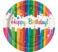 Unique 49565EU Eco-Friendly Paper Plates-23 cm-Rainbow Ribbons Birthday Party-8 Count (Pack of 1), Multicolour, 23 Centimeters