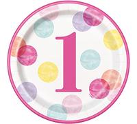 Unique 73285EU Eco-Friendly Paper Plates-23 cm-Pink Dots 1st Birthday Party-8 Count (Pack of 1), 23 Centimeters