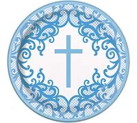 Unique 74794EU Eco-Friendly Paper Plates-18 cm-Fancy Blue Cross Religious Party-8 Count (Pack of 1), Multicolour