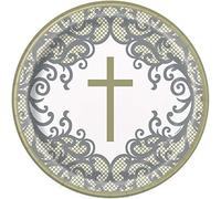 Unique 74855EU Eco-Friendly Paper Plates-23 cm-Fancy Gold Cross Religious Party-8 Count (Pack of 1), Multicolour