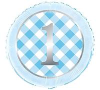 Unique 74947 Blue 1st Birthday Gingham Round Foil Balloon 1 Pc