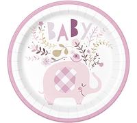 Unique 78375EU Eco-Friendly Paper Plates-23 cm-Pink Floral Elephant Baby Shower-8 Count (Pack of 1), Multicolour