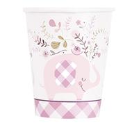 Unique 78376EU Plastic Free Paper Cups-266 ml-Pink Floral Elephant Baby Shower-8 Count (Pack of 1)