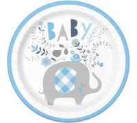 Unique 78395EU - Eco-Friendly Paper Plates - 23 cm - Blue Floral Elephant Baby Shower - 8 Count (Pack of 1)