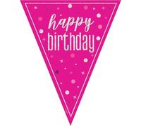 Unique 82003 Happy Bunting-2.74 m-Glitz Pink Birthday Party-1 Count (Pack of 1), Multicolour