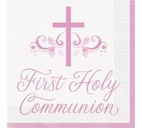Unique 82022EU First Communion' Paper Napkins-16.5 cm-Pink Holy Cross Religious Party-16 Count (Pack of 1)