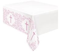 Unique 82063 Plastic Tablecloth-2.13 m x 1.37 m-Pink Holy Cross Religious Party-1 Count (Pack of 1)