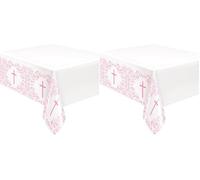 Unique 82063 Plastic Tablecloth-2.13 m x 1.37 m-Pink Holy Cross Religious Party-1 Count (Pack of 2)