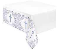 Unique 82103 Plastic Tablecloth-2.13 m x 1.37 m-Blue Holy Cross Religious Party-1 Count (Pack of 1)
