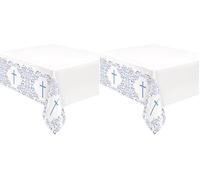 Unique 82103 Plastic Tablecloth-2.13 m x 1.37 m-Blue Holy Cross Religious Party-1 Count (Pack of 2)