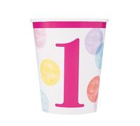 Unique 82182 Paper Cups-266 ml-Pink Dots 1st Birthday-8 Count (Pack of 1), Multicolour