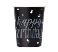 Unique 82221 Paper Cups-266 ml-Glitz Black & Silver 8 Count (Pack of 1), Happy Birthday