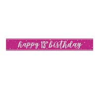 Unique 82687 Foil Happy 13th Banner-2.74 m-Glitz Pink Birthday Party-1 Count (Pack of 1), Multicolour