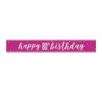 Unique 82696 Foil Happy 80th Banner-2.74 m-Glitz Pink Birthday Party-1 Count (Pack of 1), Multicolour