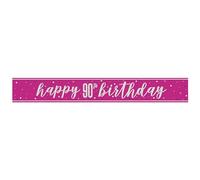 Unique 82697 Foil Happy 90th Banner-2.74 m-Glitz Pink Birthday Party-1 Count (Pack of 1), Multicolour