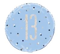 Unique 83354 Blue Prismatic 13th Birthday Round Foil Balloon, 18" 1 Pc, Age 13