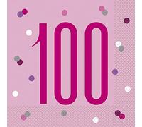 Unique 83576 Pink Lunch Paper Napkins-6.5" x 6.5" | Glittery 16 Pcs, Age 100