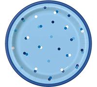 Unique 83594 Blue Polka Dots Round Dinner Plates, 7" Disposable | 8 Pcs, Happy Birthday
