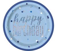 Unique 83595 Blue Foil Stamped Dots Round Dinner Plates, 9" Disposable | 8 Pcs, Happy Birthday