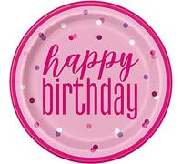 Unique 83607EU Eco Friendly Paper Plates-23cm-Glitter Pink & Silver 8 Pack-Pack of 8, Happy Birthday