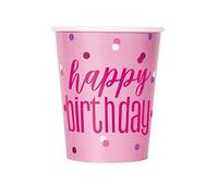 Unique 83608EU Plastic Free Paper Cups-266 ml-Glitz Pink & Silver Birthday Party-8 Count (Pack of 1), Multicolour
