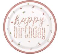 Unique 84891" Happy Birthday Round Paper Plates-9" | Disposable | Prismatic Rosegold | 8 Pcs, Rose Gold