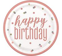Unique 84892EU Eco-Friendly Paper Plates-23 cm-Glitz Rose Gold Party-8 Count (Pack of 1), Happy Birthday