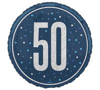 Unique 88090 Foil 50th Balloon-45 cm-Glitz Blue Birthday Party-1 Count (Pack of 1), Multicolour