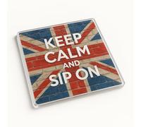 Unique Acrylic Coaster Gift - Rustic Union Jack Design with Vintage Bricks and 'Keep Calm and Sip On' Phrase