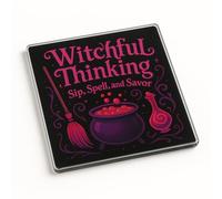 Unique Acrylic Coaster Gift - Witchful Whimsy Halloween Design with Mystical Illustrations and Elegant Font for Drink Lovers