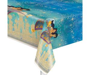 Unique Aladdin Plastic Table Cover - 54" x 84" Rectangular, Multicoloured, Cartoon Pattern, Vibrant, Playful, Pleated Corners, Disney Licensed Design, Perfect for Aladdin Themed Birthday Parties