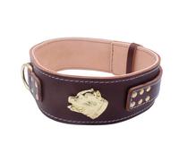 Unique American Bully GOLD Heavy Duty 2.5 inch Wide Leather Dog Collar with American Bully Head Motif (Medium: 20" - 25", Brown)