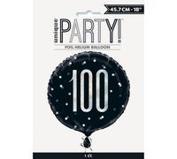 Unique Birthday Glitz Black & Silver Number 100 Round Foil Balloon 18"