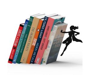 Unique Black Metal Decorative Bookends - Whimsical Hidden Book Ends for a Cool Book Holder Display - Cute Home Decor and Modern Gift Idea for Shelves Desk or Table (SuperGal - 1 product)