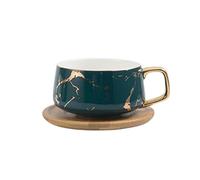 Unique Ceramic Tea Cups and Wooden Saucers Set - Unique Design, Perfect Mugs for Black Tea, Green Tea, White Tea, Coffee, Latte - Elegant and Modern design (Green)