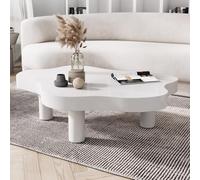 Unique contemporary solid wood coffee table with irregular cloud design, minimalist low sofa table, 3 sturdy legs, rounded edges, clear natural texture, white finish, 110 x 80 x 40 cm.